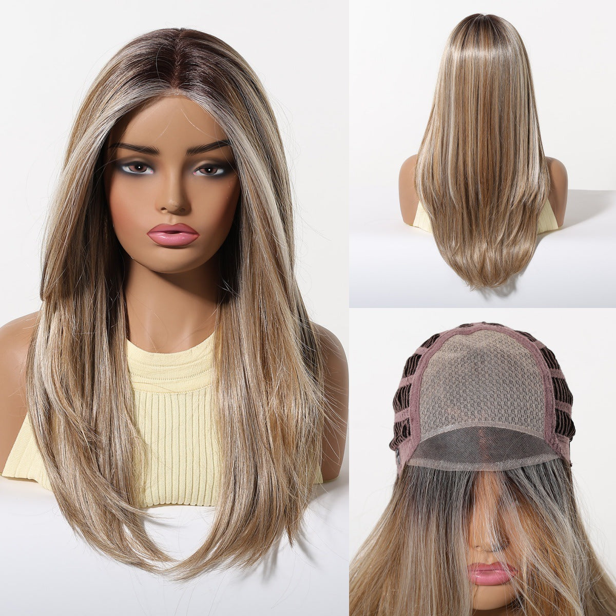 Silk Split Free Curly Hair Female Golden Long Straight Wig