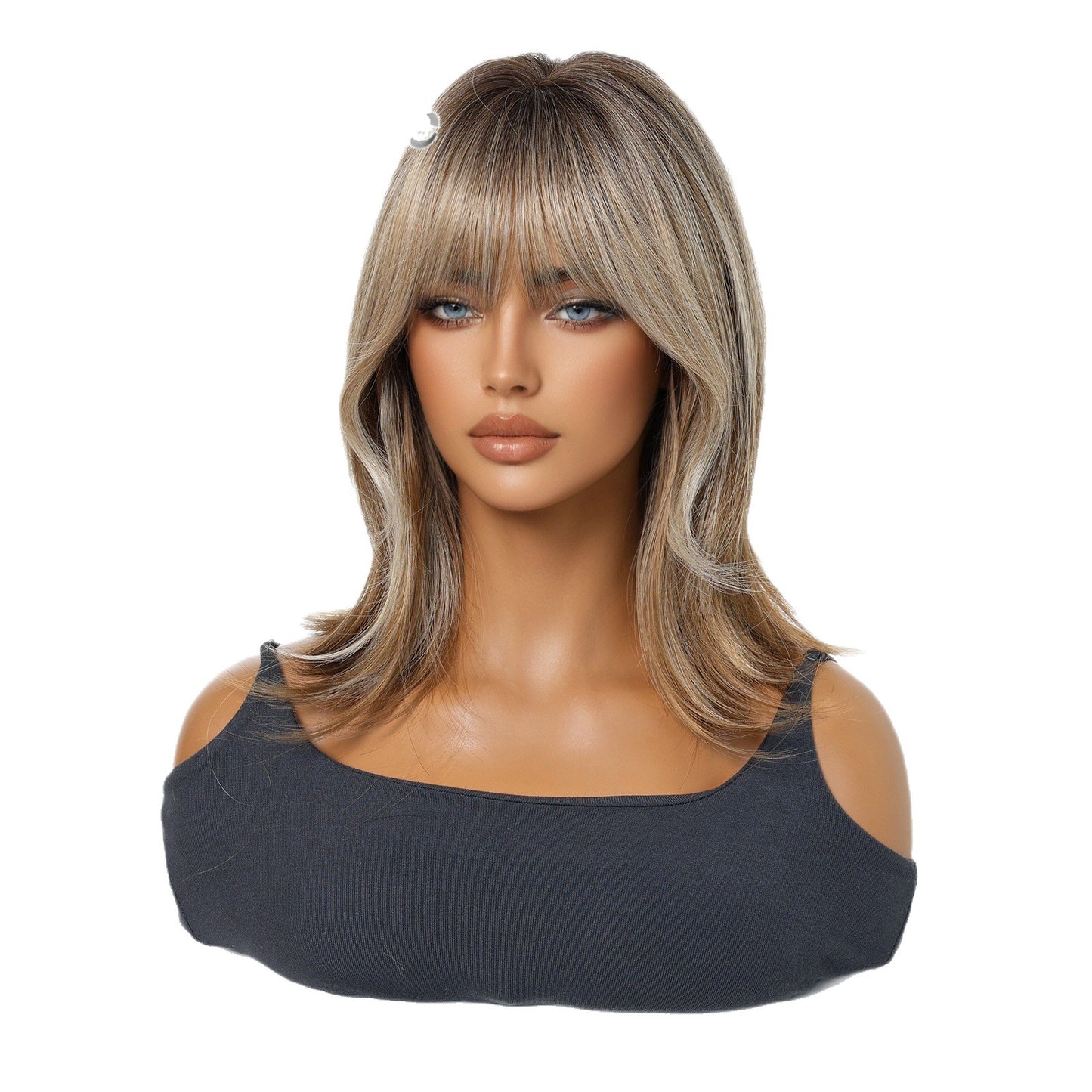 Brown High Skull Top Bangs Shoulder Curly Wig Long Curls
