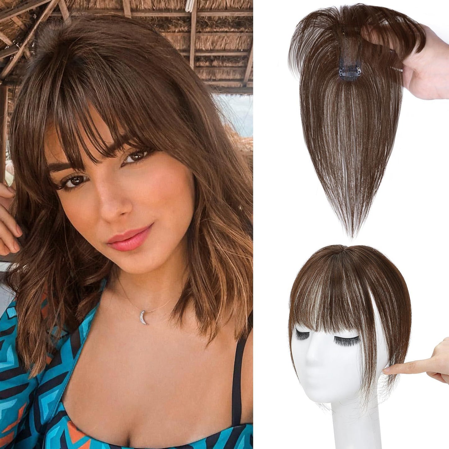 French Set Real Hair Straight Female Brown Head Wig Bangs