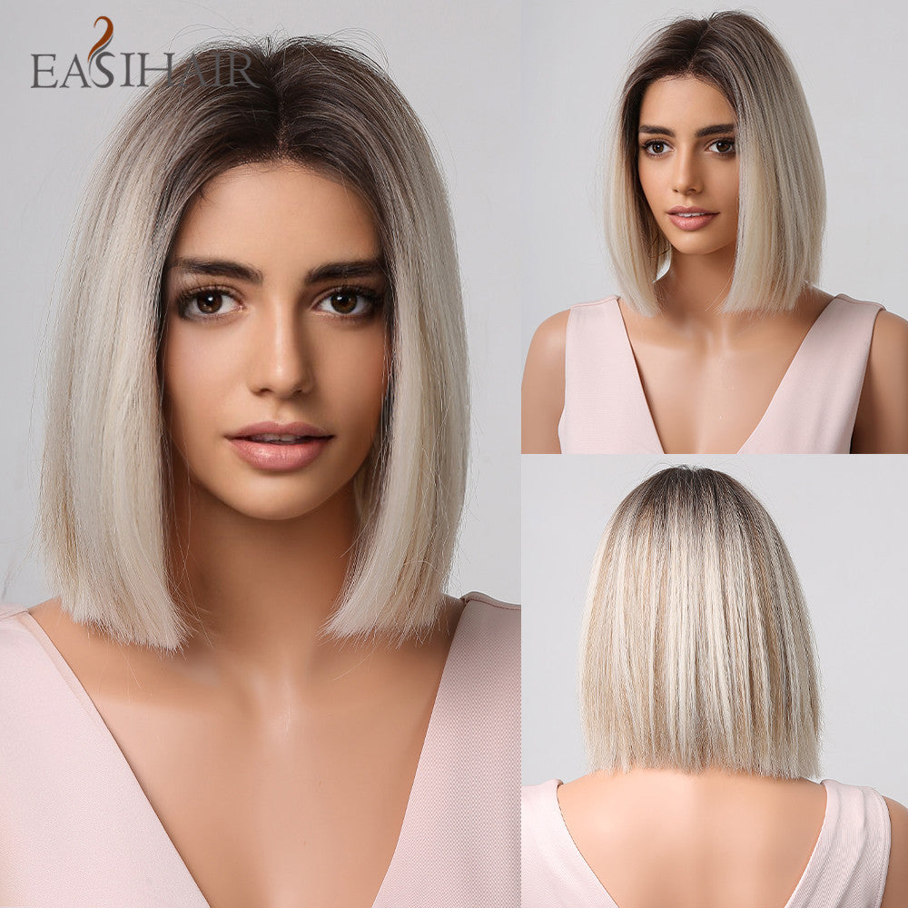 Female Gradient Color Collarbone Length Haircut Simulation Medium Wig Short Curly Hair