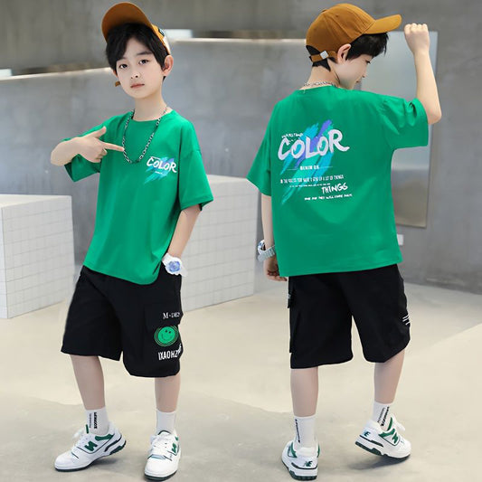 Men's & Children's Short-sleeved Summer Western Style Medium Big T-shirt Fifth Pants Children's Suit