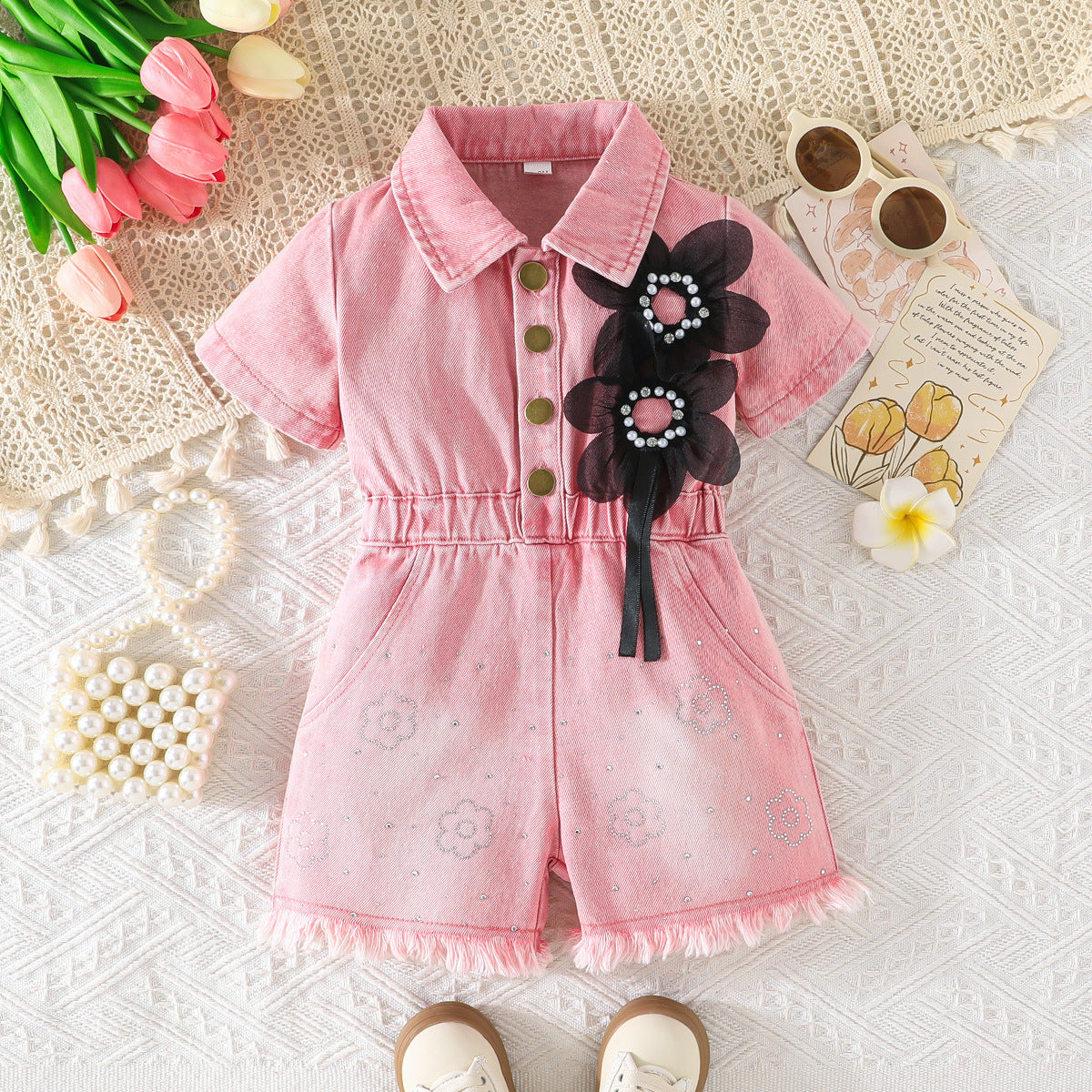 Lapel Waist Tight Pearl Flower Decoration Jumpsuit, Climbing Suit