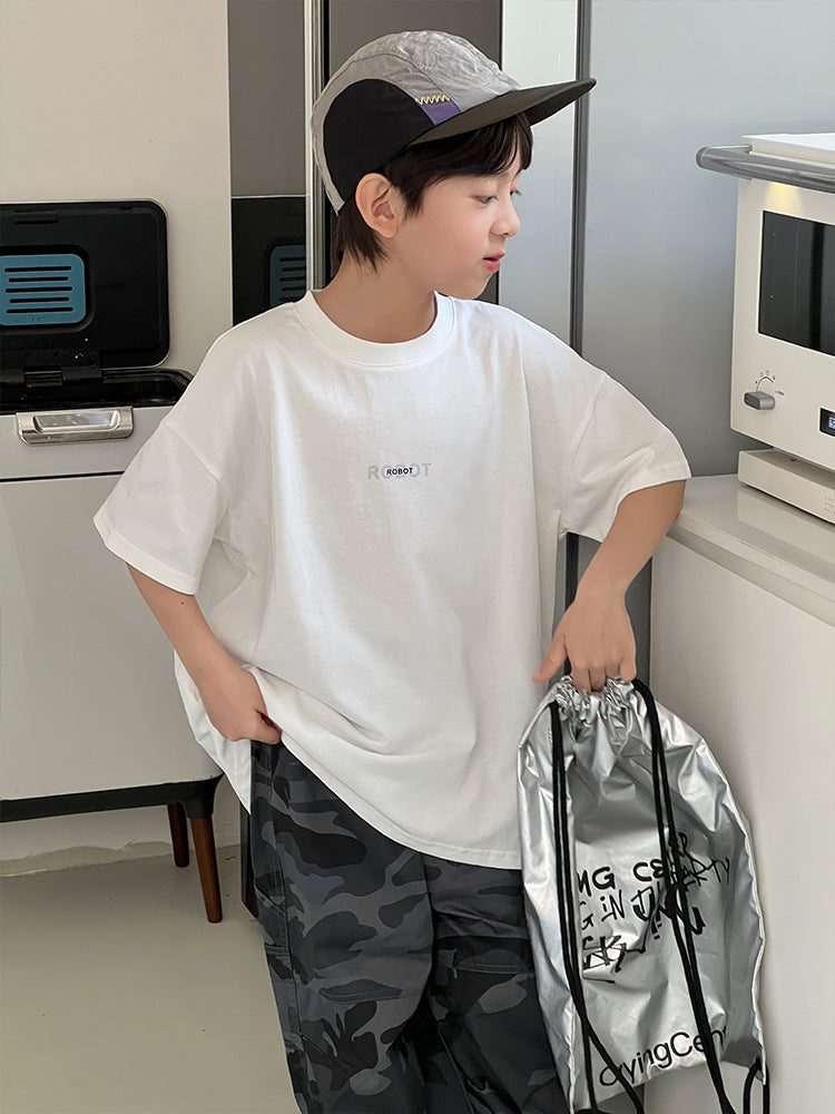 Children's Top Cartoon Diamond Printed Round Neck Pullover Casual Loose Short Children's T-shirt