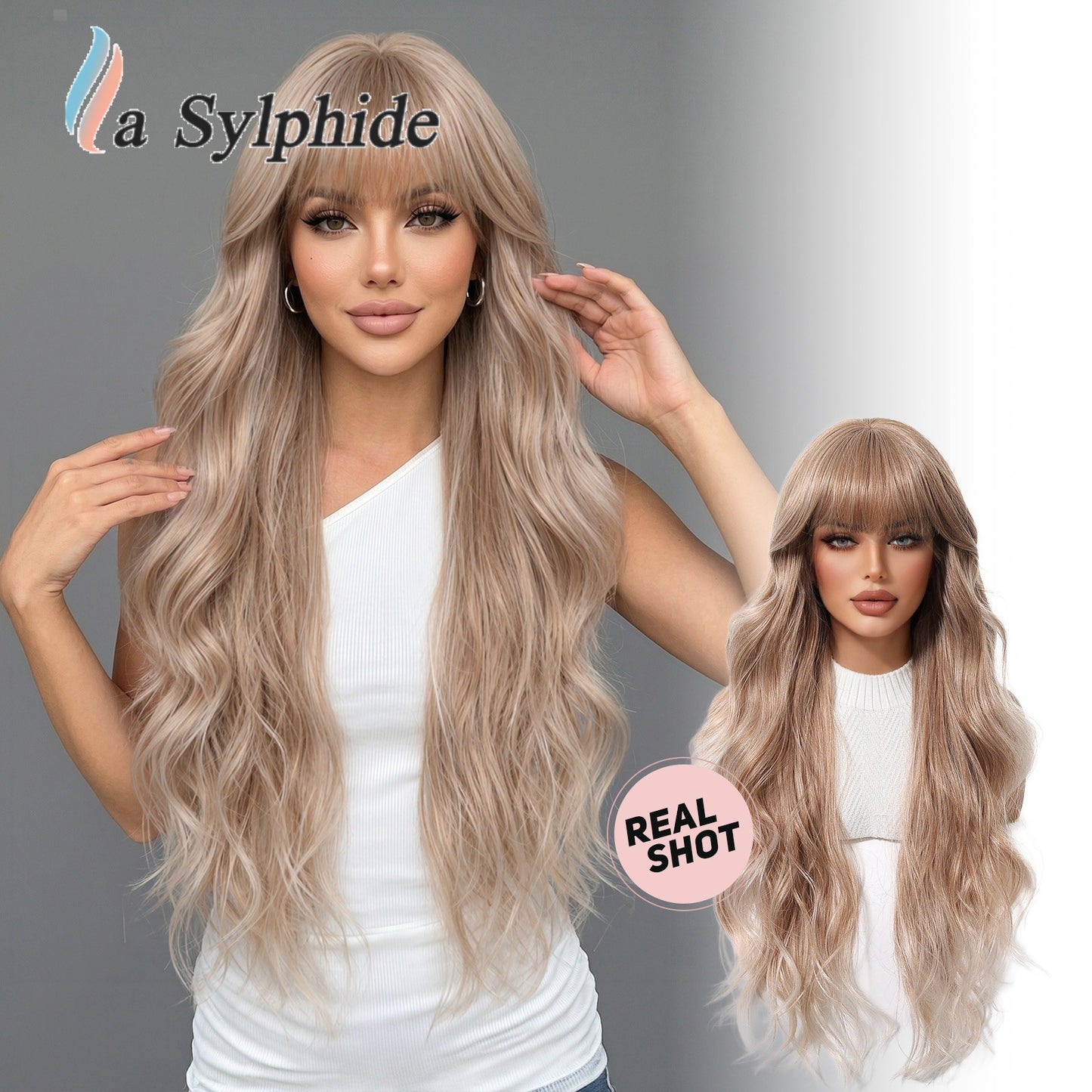 Bangs Super Water Ripple Milk Tea Brown Wig Long Curls