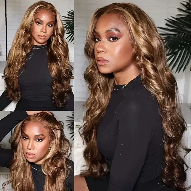 Brown Highlights Curly Hair Big Wave Piano Wig Long Curls