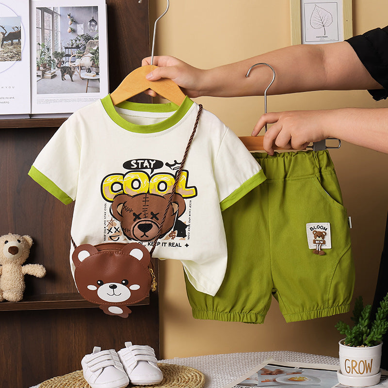 Children's Summer Short Sleeve Clothing Victory Bear Bag Round Neck Children's Suit