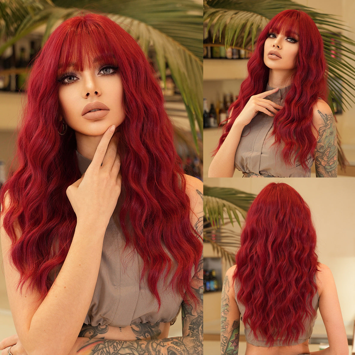 Women's Charming Red Small Straight Bangs Wavy Wig Long Curls