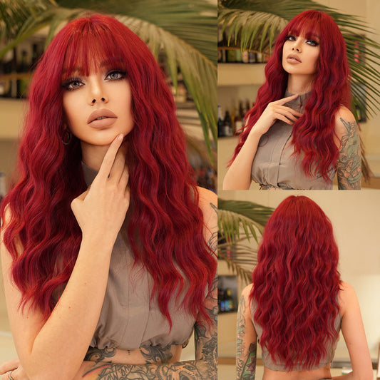 Women's Charming Red Small Straight Bangs Wavy Wig Long Curls
