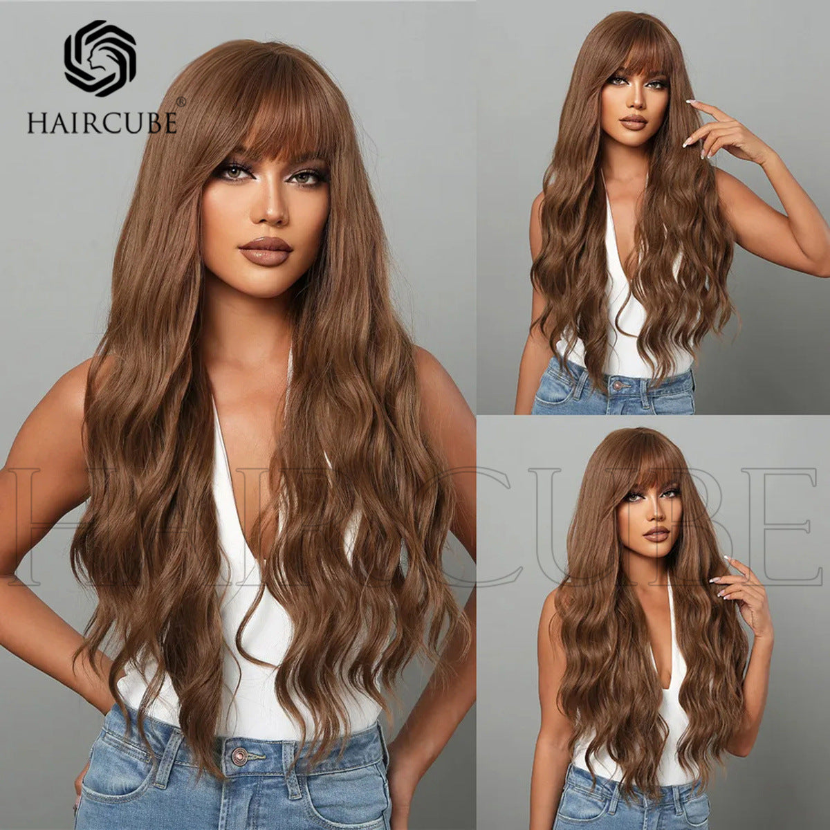 Dark Brown White Gold Color Highlight Wig Long Curls