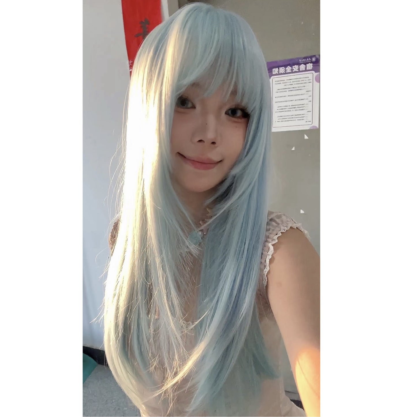 Ice Blue Female Daily Hair Realistic Long Straight Wig