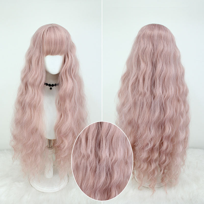 Female Pink Super Long Curly Hair Water Cos Wig