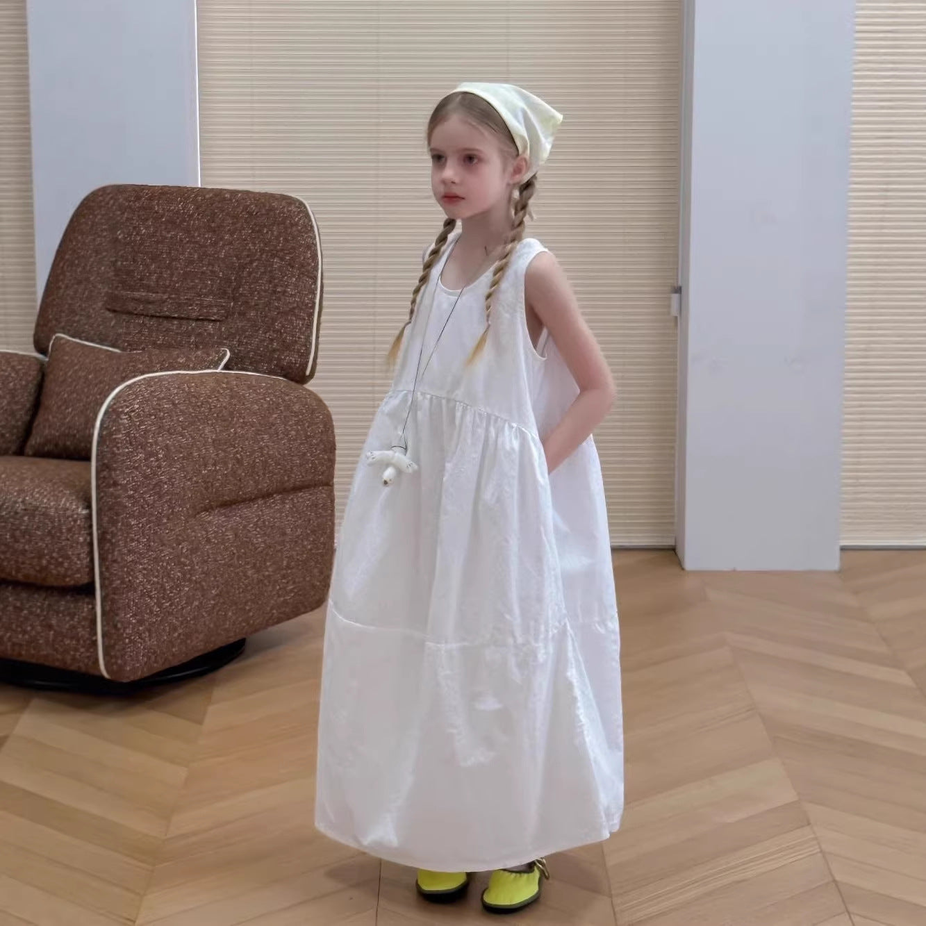Children's Linen Summer Medium Big Casual Wear Sleeveless Vest Midi Children's Dress