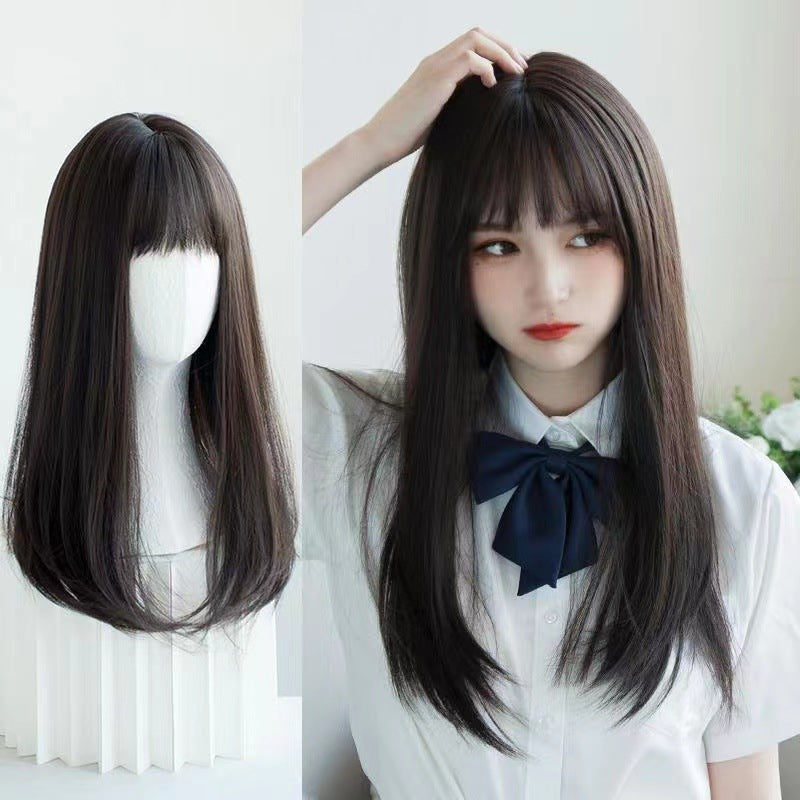 Women's Long Collarbone Length Haircut Air Bangs Natural Fluffy Short Round Real Hair Wig