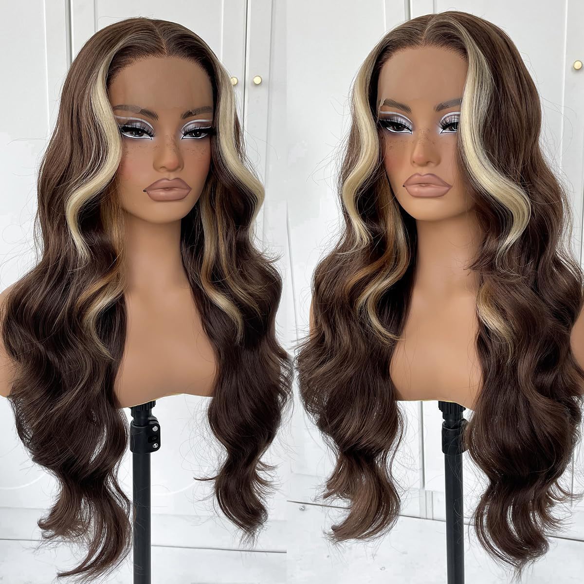 Women's Front Lace Synthetic Wigs Golden Medium Curly Hair Big Wave Wig Long Curls