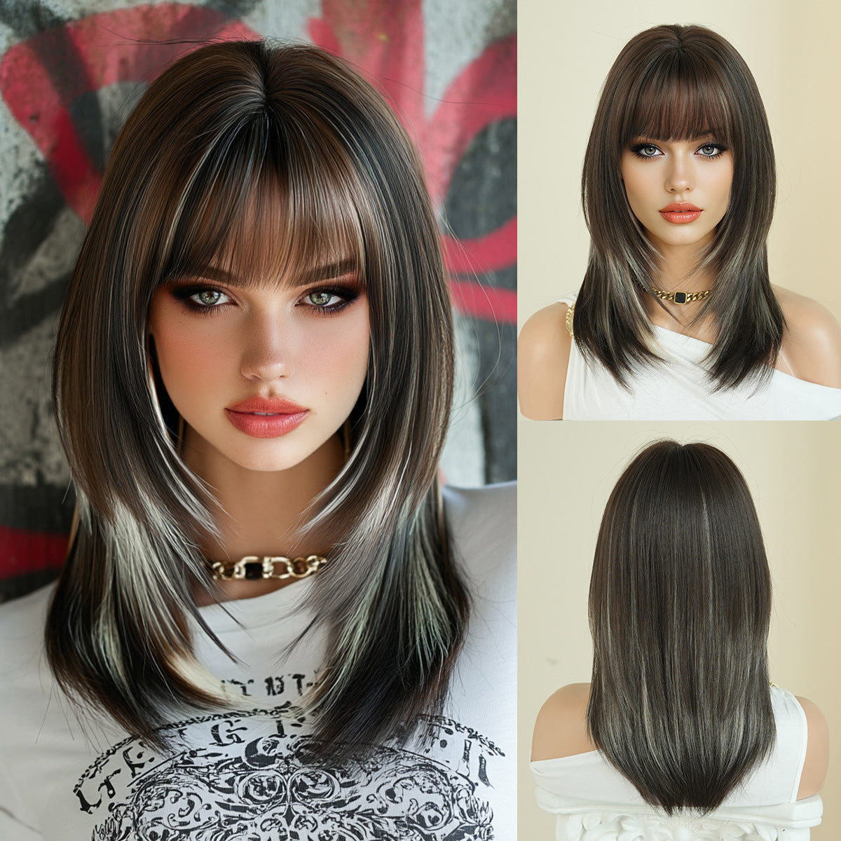 Female Siamese Kitten Bangs Hair Tail Long Straight Wig