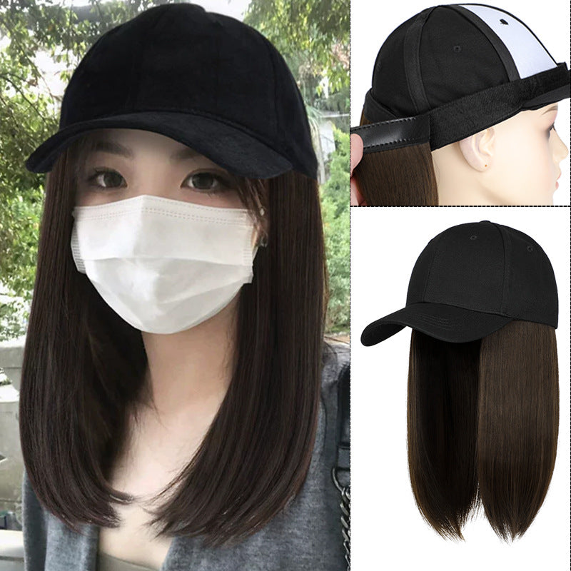 Women's Hat Detachable Fashion Summer Breathable Peaked Cap Long Straight Wig