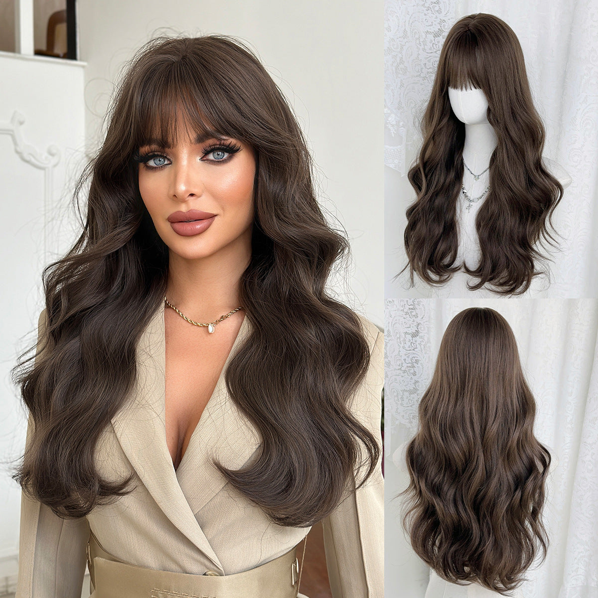 Black Tea Brown Straight Bangs Curly Wig Long Curls