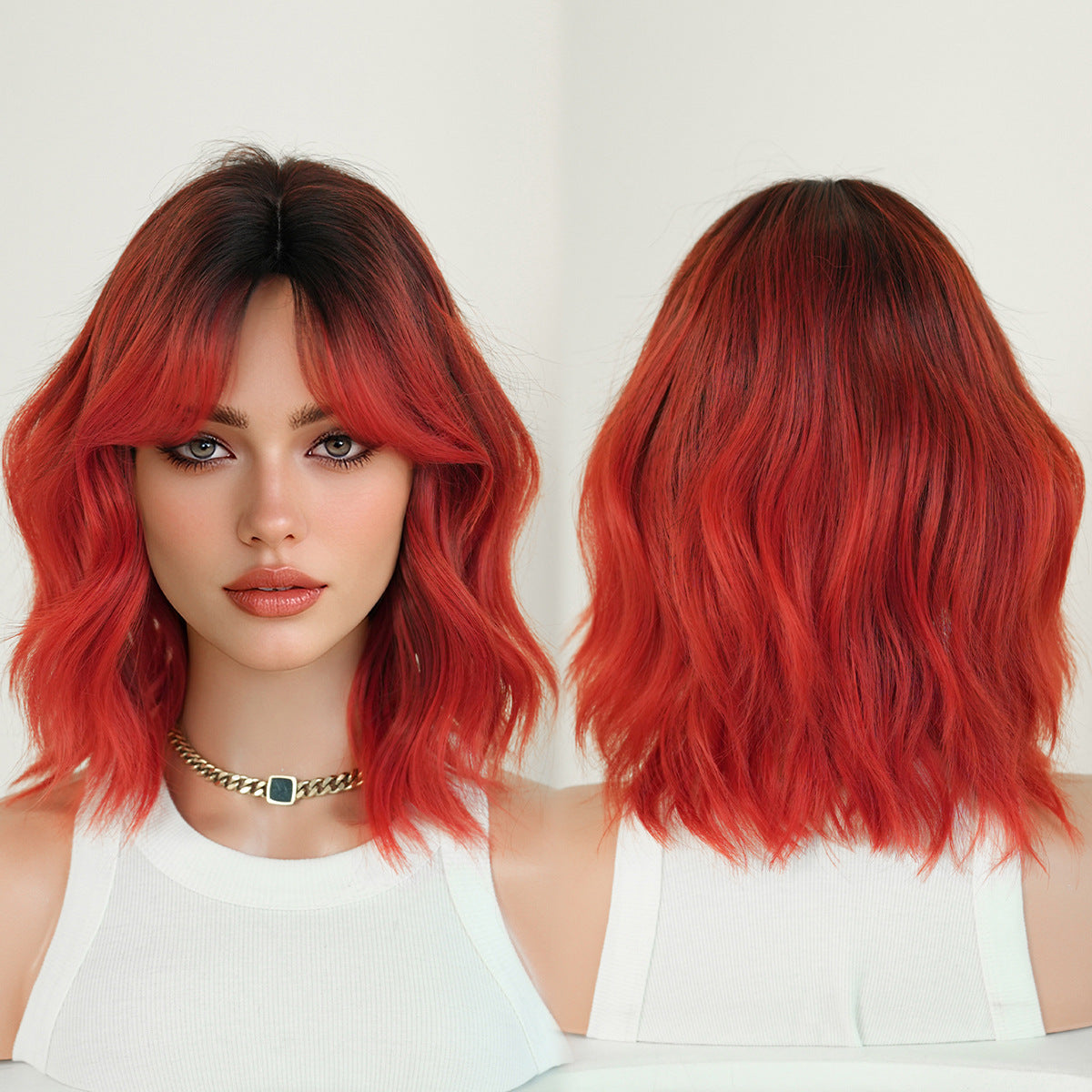 High Quality Female Red Bangs Short Wavy Curly Hair Chemical Wig Long Curls