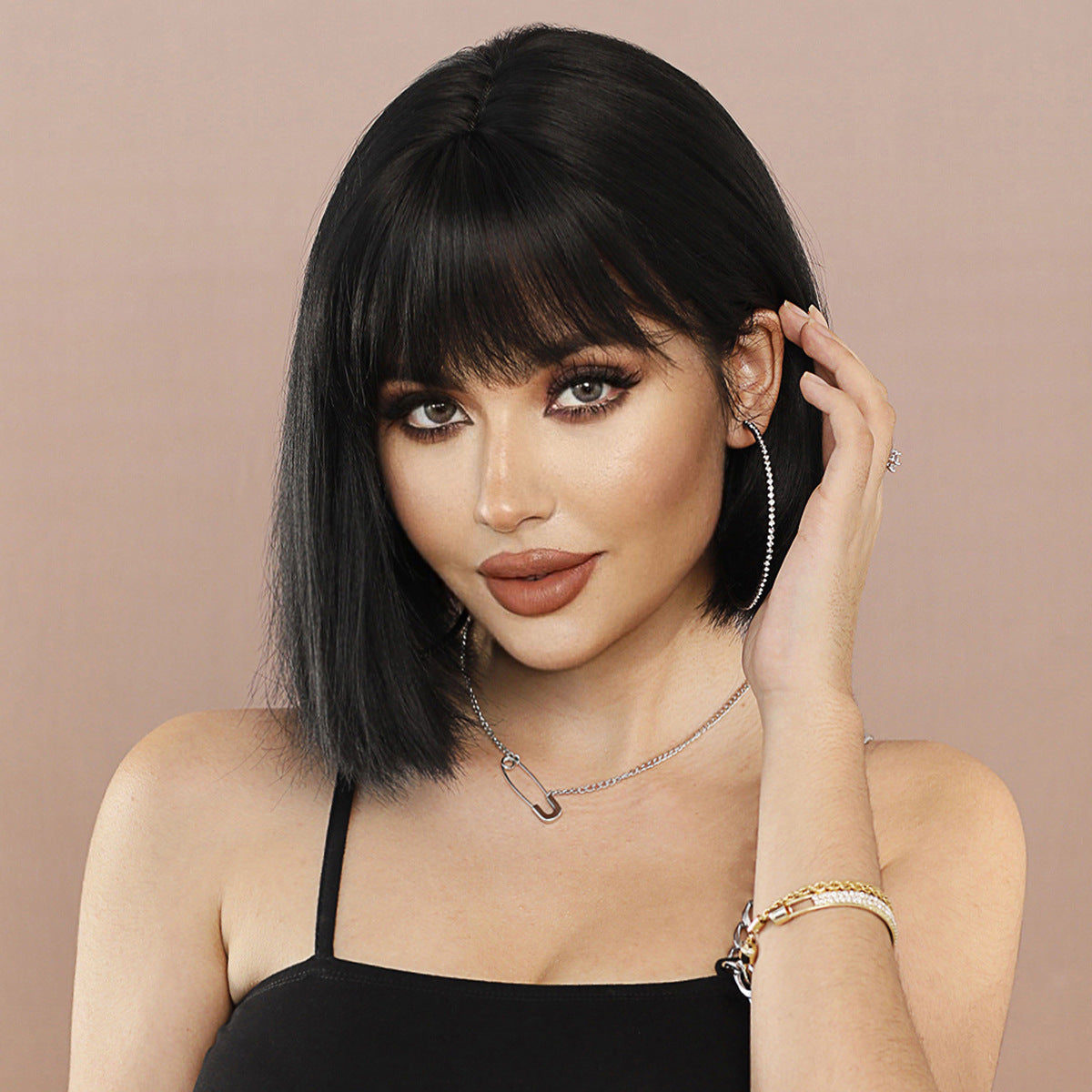 New Black Female Bangs Chemical Fiber Wig Short Straight Hair