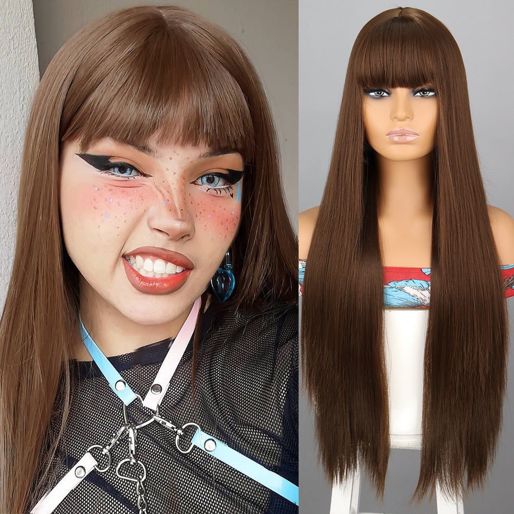 Women's Fashion Inch Light Golden Bangs Hair Long Straight Wig