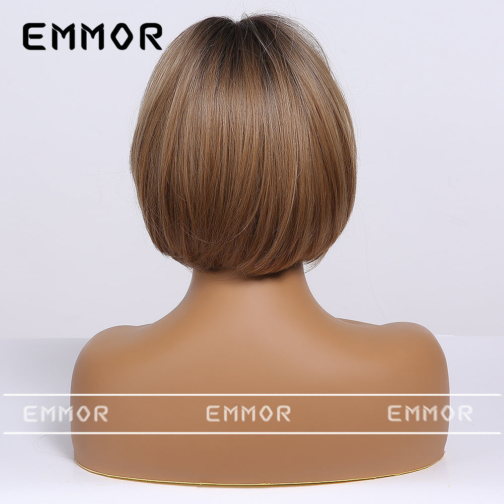 Women's Fashion Head Dyed Black Platinum Ribbon Wig Short Straight Hair