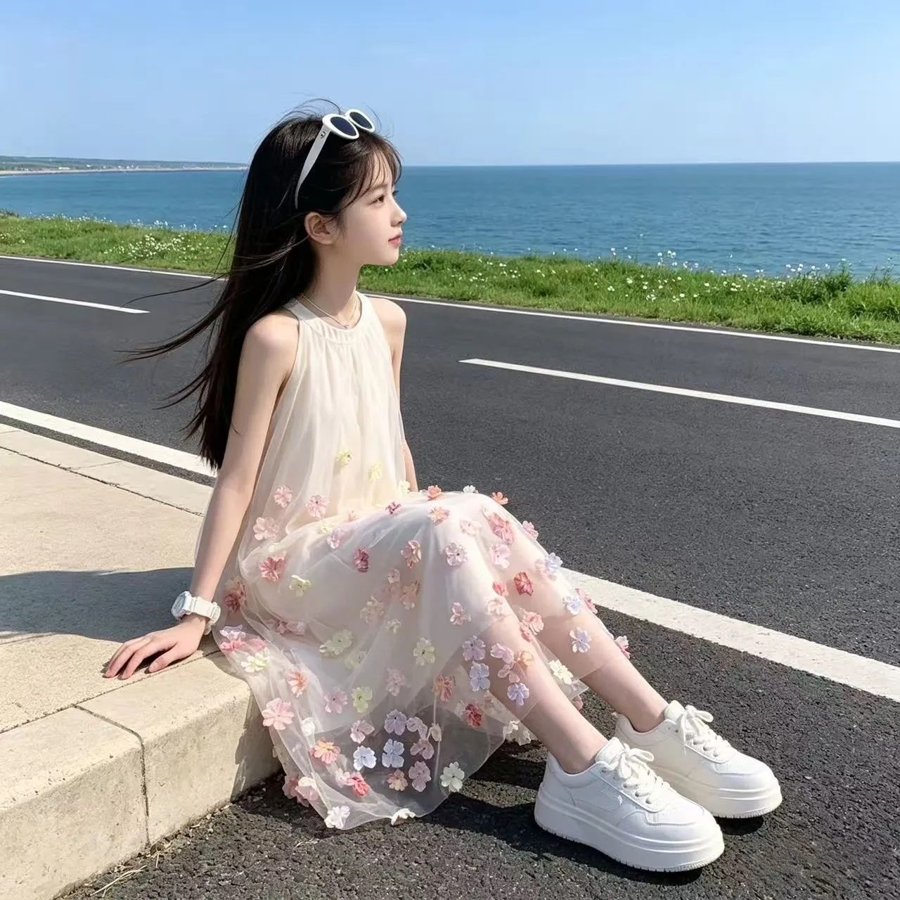 Women's Small Teen Sleeveless Halter Summer Beautiful Three-dimensional Children's Dress