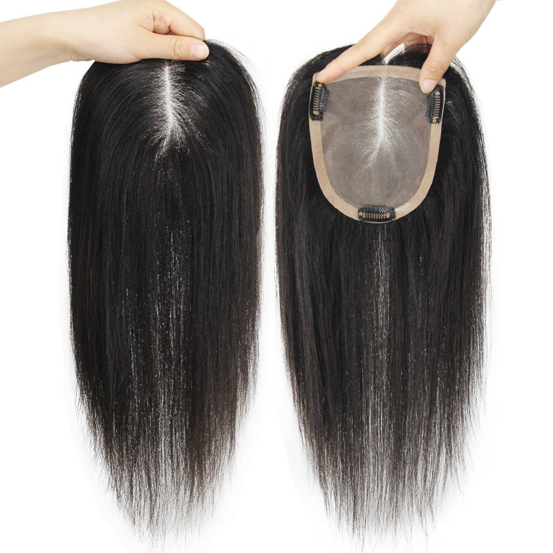 Women's Patch Top Cover Gray Invisible Realistic Breathable Hand-woven Net Wig