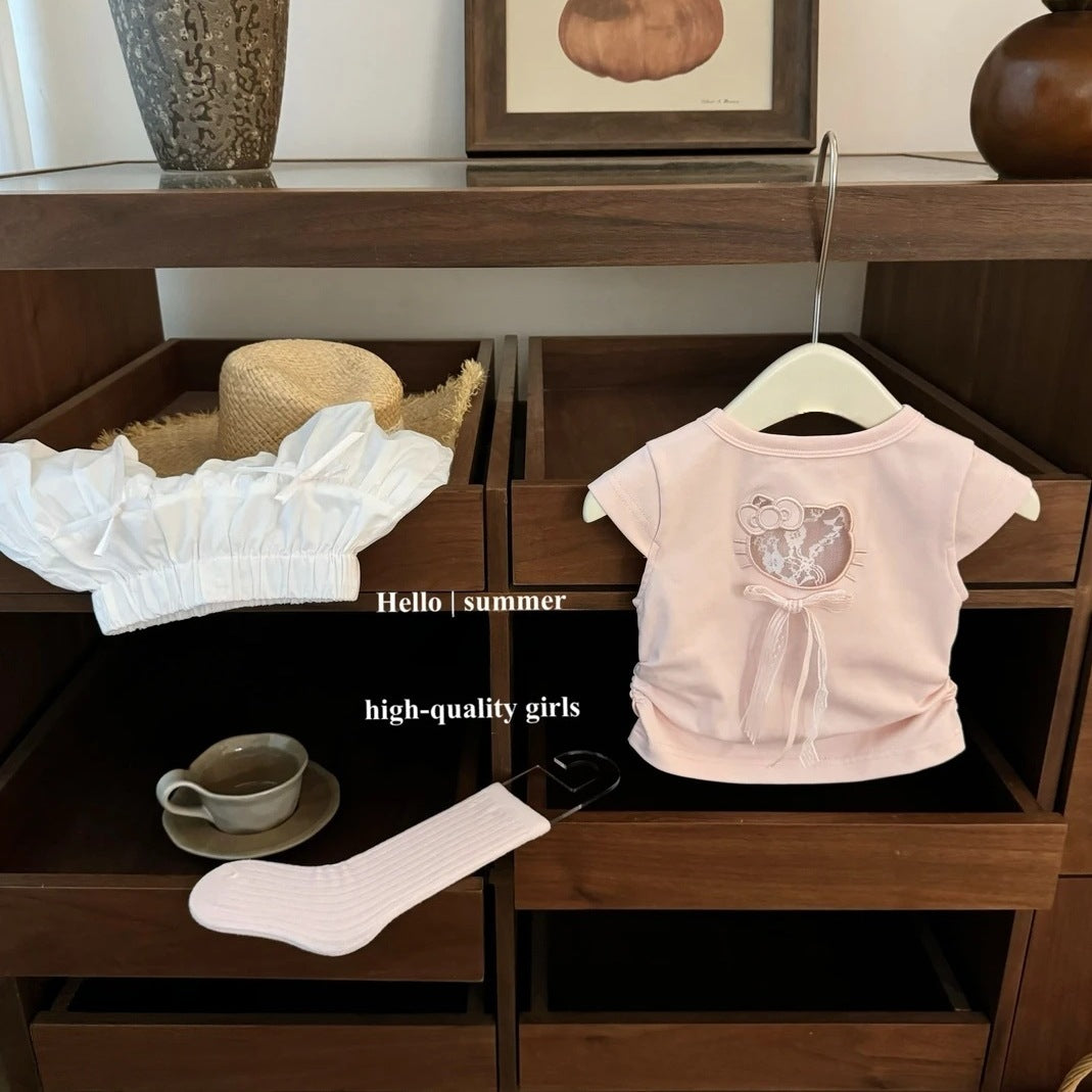 Sweet Kitty Lace Bow Short Sleeve Children's Suit