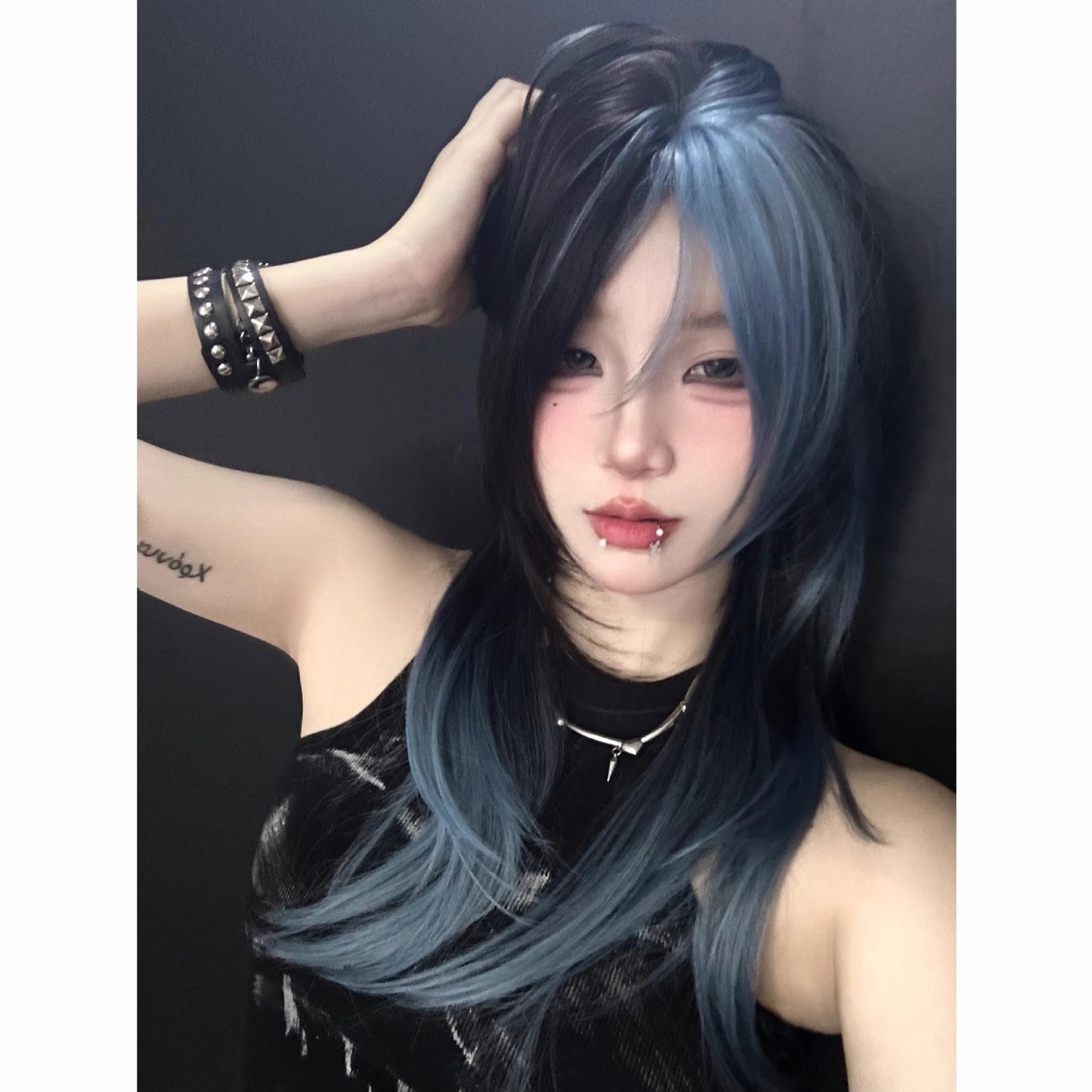 Women's Gradient Dark Blue Bangs Female Wolf Tail Layered Hair Natural Long Straight Wig