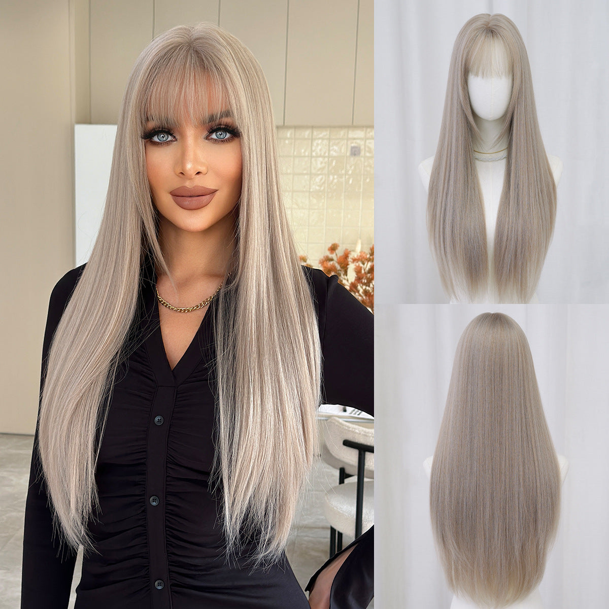 High Quality Super Hair Female Bangs Daily Black Long Straight Wig