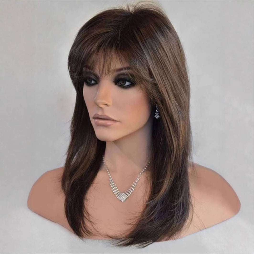 Women's Rinka Haircut Air Bangs Brown Wine Long Straight Wig