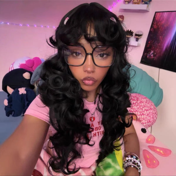 Small Curly Hair Bangs Black Head Cover Wig Long Curls