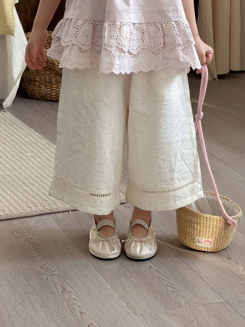 Women's Style Polka Dot Stitching Lace Cropped Straight Summer Loose Western Children's Pants