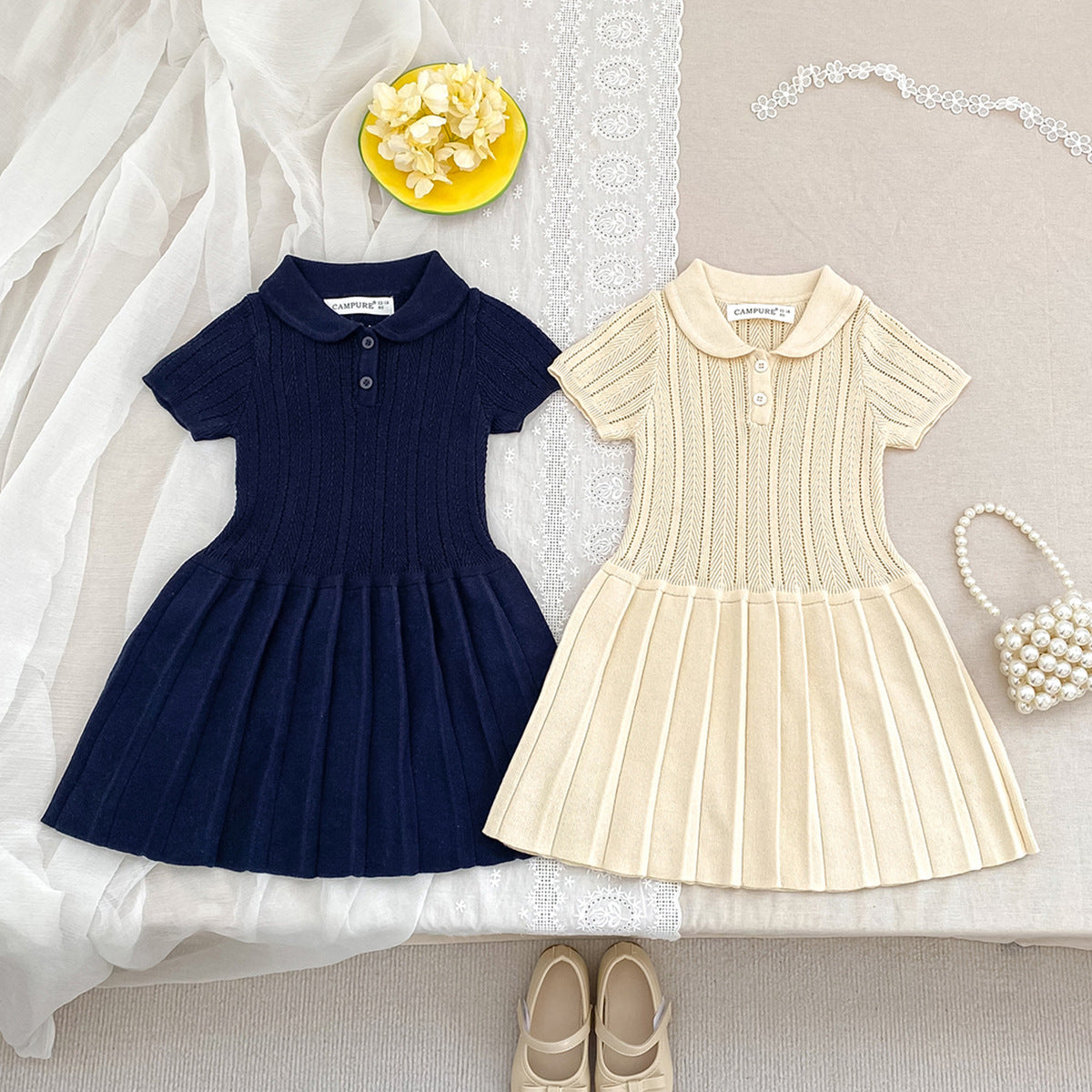 Preppy Style Lapel Ingot Collar Knitted Children's Dress