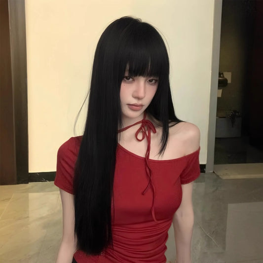 Black Female Bangs Fluffy Natural Daily Full Long Straight Wig