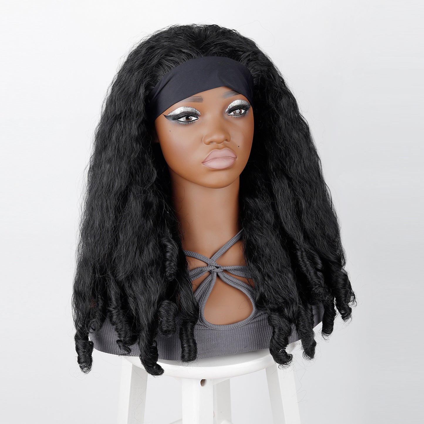 Women's Hair Band Head Cover Fluffy Afro Ice Silk Wig Long Curls