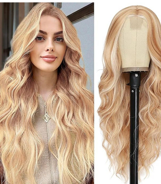 Women's Medium Gradient Yellow Curly Hair Big Wave Rose Wig Long Curls