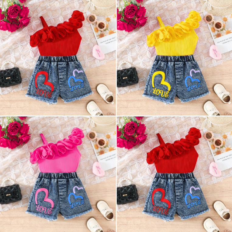 Ruffled Suspender Heart Printing Denim Shorts Children's Suit