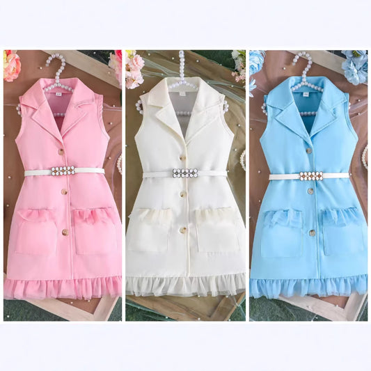 Summer Solid Color Sleeveless Suit Fashion Belt Two-piece Children's Dress