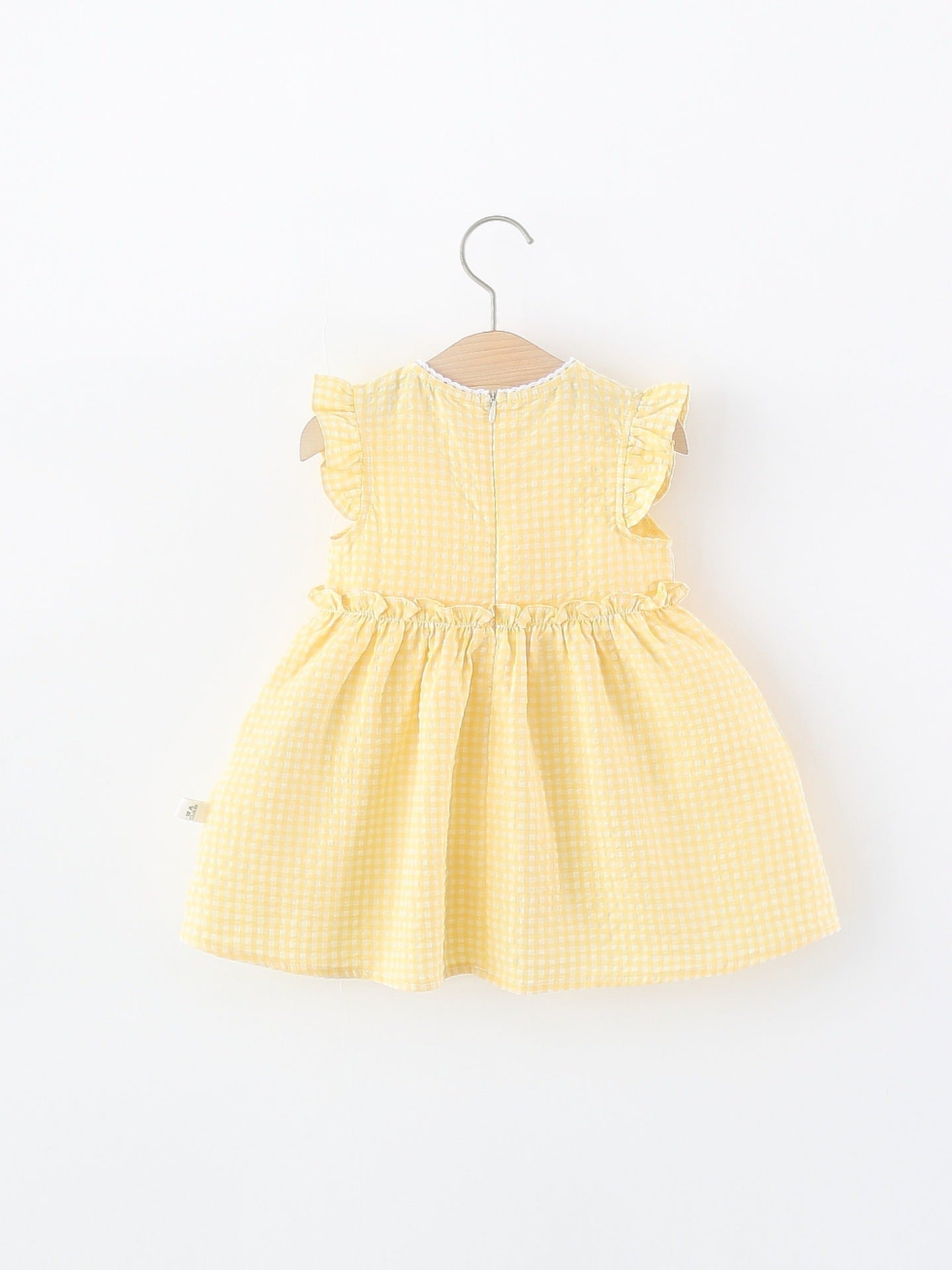 Children's Summer Cartoon Embroidered Plaid Flounced Sleeve Single Layer Cotton Children's Dress