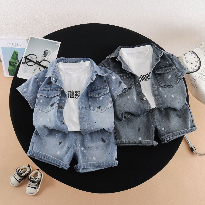 Children's Summer Western Style Denim Short Sleeve Three-piece Set Handsome Clothes Children's Suit