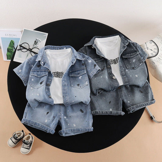 Children's Summer Western Style Denim Short Sleeve Three-piece Set Handsome Clothes Children's Suit