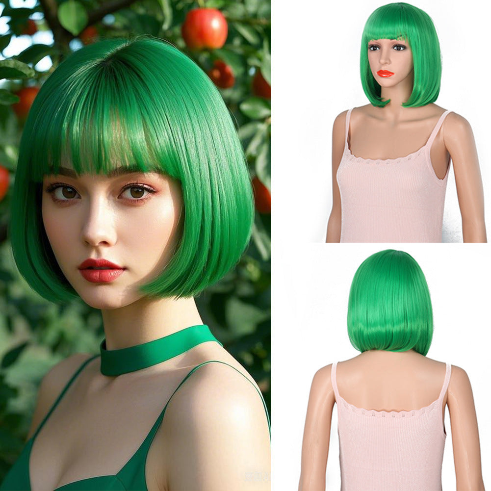 Women's Fashion Long Black Head Cover With Wig Short Straight Hair