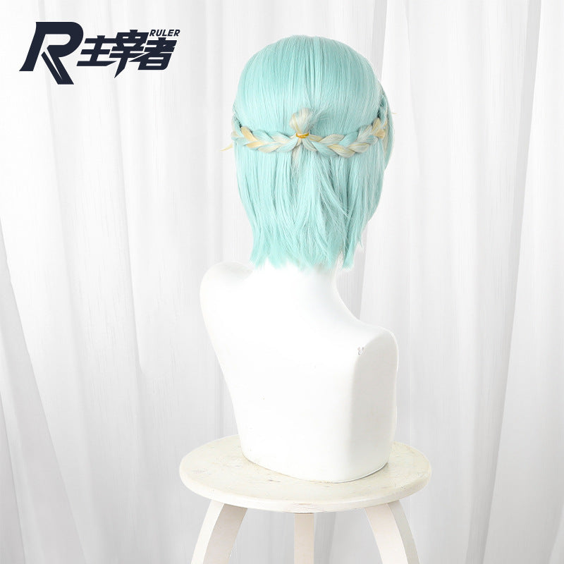 Master Light Cyan Gradient Mid-point Arch Braided Short Cos Wig