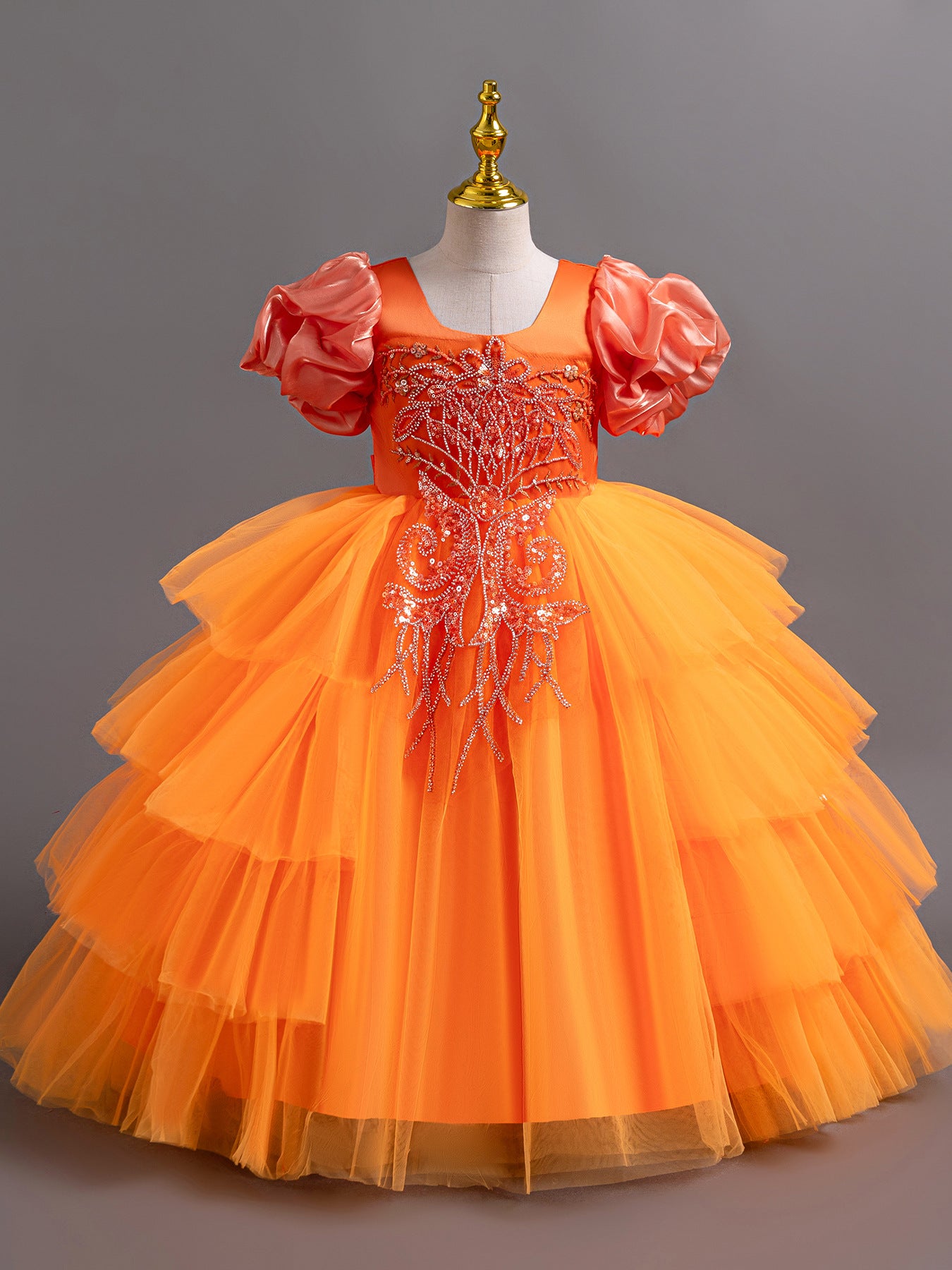 Children's Irregular Puff Sleeve Princess Flower Wedding Performance Level Cake Children's Dress