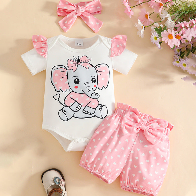 Children's Cute Cartoon Elephant Printed Short-sleeved Shorts Romper Headscarf Children's Suit