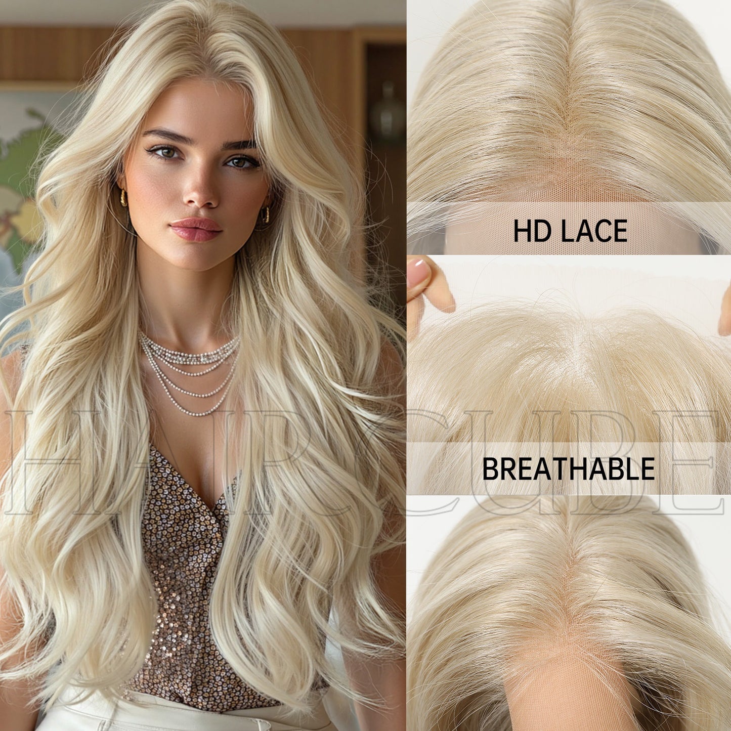 Area Front Lace Big Wave Curly Hair Golden Free Sewing Wig Long Curls