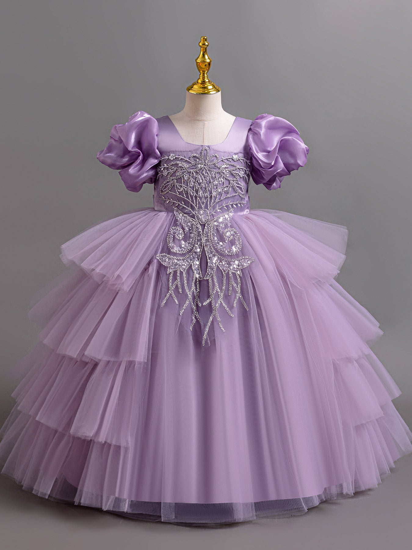Children's Irregular Puff Sleeve Princess Flower Wedding Performance Level Cake Children's Dress