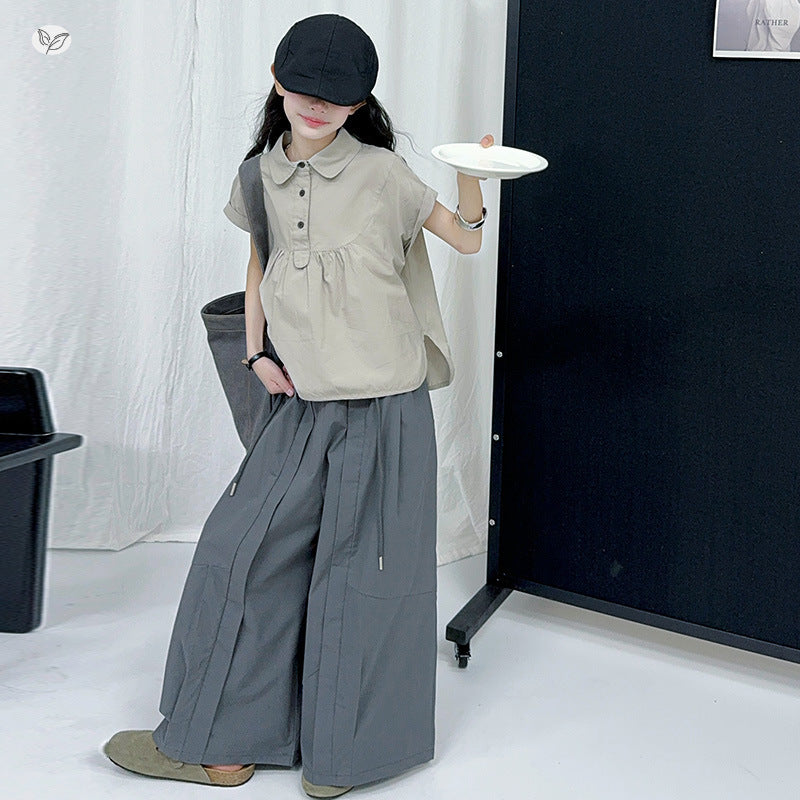 Cotton Summer The Big Doll Collar T-shirt Wide Leg Pants Children's Suit