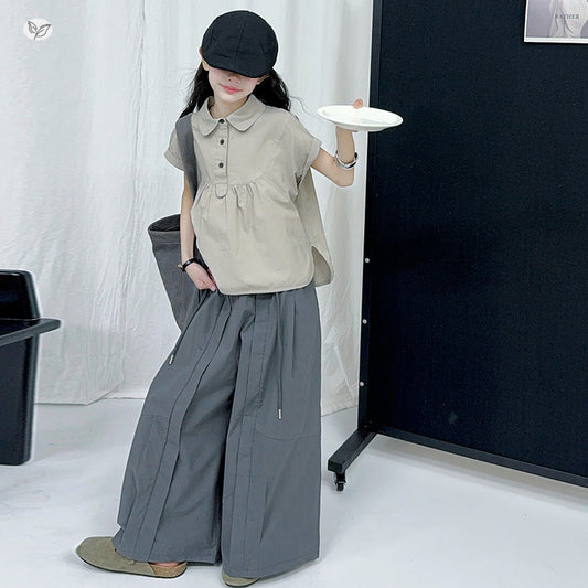 Cotton Summer The Big Doll Collar T-shirt Wide Leg Pants Children's Suit